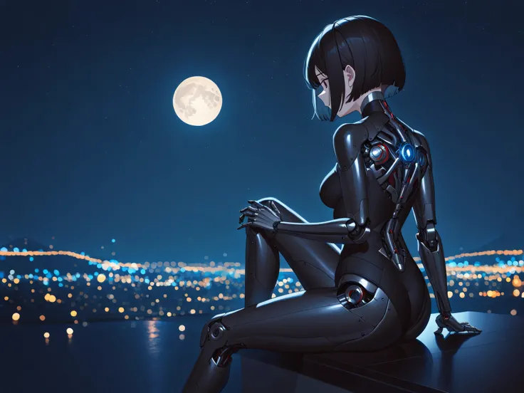 womanhood,dark haired,Shorthair,cyborg,Night Sky,Gazing at the full moon,High Quality,4K real,high res,Ultra Fine,HDR,UHD,studio lighting,Ultra Fine Painting, Sharp focus from the back of the knee up,physics-based rendering,extreme detailed expression,Prof...