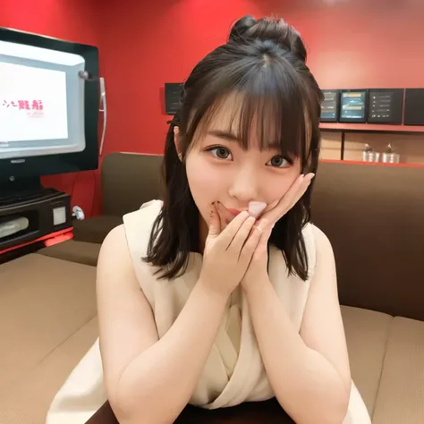 A cute girl, hair styled in two side buns, wearing a vivid red traditional Chinese dress with modest design details. She is sitting in a Japanese karaoke box, surrounded by a typical sofa, table, drink cup, and a moist hand towel. The background shows cozy...