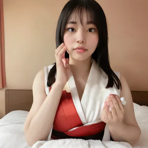 portrait of a beautiful girl with translucent skin and softly expressive eyes, gentle blush, subtly glowing gradient hair, delicate emotional line art with soft shadows, evoking a melancholic and enchanting mood. She is wearing a traditional red and white ...