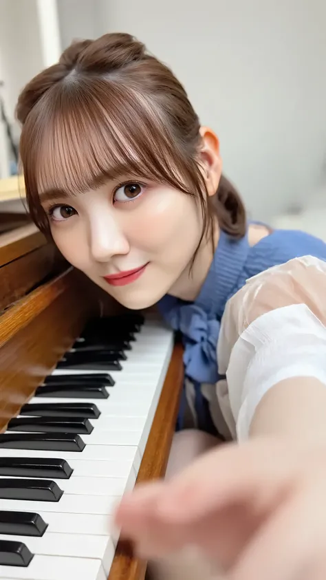 1girl, 20 years old, young girl next to the piano, Japanese girl, long hair with bangs, selfie, close-up, natural breast, skinny, sensual face, Watch Viewers, random pose, 