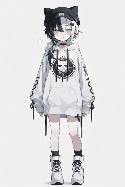 High Quality、、boyish girl、Cat shaped black hat、hair accessories、Low Ponytail、hoodie showing both shoulders、solo、casual white punk rock wear、、4K、8k、Very Detailed、HDR、super high resolution、、Very Detailedな描写、Professional、simple eyes、grey eyes、Asymmetrical Hai...