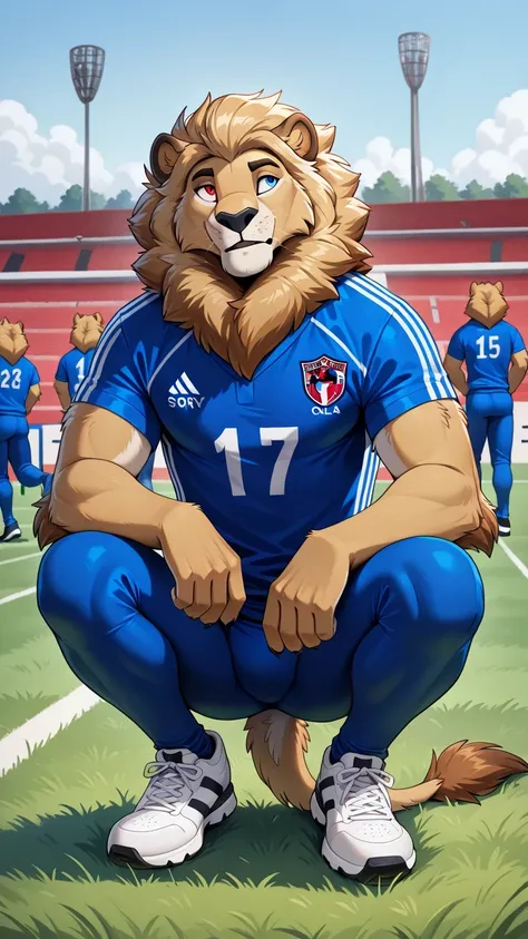 Wolf with red eyes, blue eye, Reflections,  full body, Anthropomorphic, Adult lion , without humans,   swimsuit ango76  ,    masterpiece, better quality,very aesthetic, newest,  anthropoid, mammal, 1, Clothes, Alone,  Sorry  ,  Sorry   Macho, sexist approa...