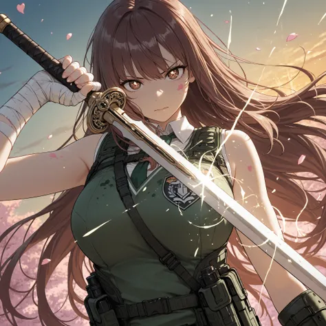 (masterpiece:1.2, top quality), (beautiful, finely drawn eyes: 1.2), (beautiful detail face with a stain on the crotch, Nice_hand), close-up, Portrait, Sword Rays,Brave Perspective, holding a sword, Dynamic Angle, stares at the viewer, Pink Petals, Magic E...