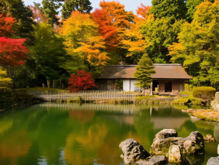 Picture、no people、超リアルなPicture、The Ultimate Masterpiece、top quality、8K、16K、large maple trees with mixed red and yellow branches growing large in all directions on the other side of the large pond in the foreground randomly 5 and a little evergreen trees、Th...
