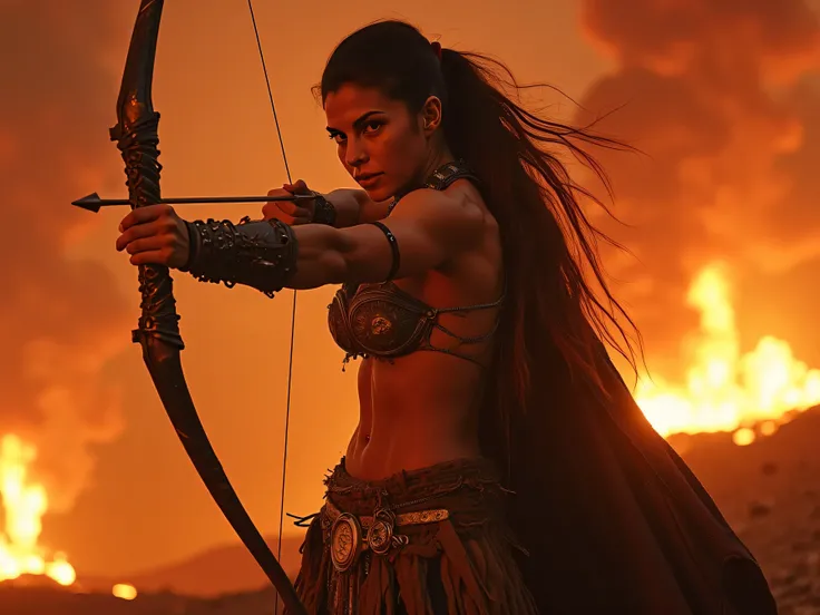 JacquelineFernandezFlux, Close up hyperrealistic cinematic shot of a Strong muscular Amazon warrior woman wearing skimpy breastplates, low-rise loincloth panelskirt, gauntlets, warrior-ornaments, fluttering cape, everything ragged, torn and shredded, battl...