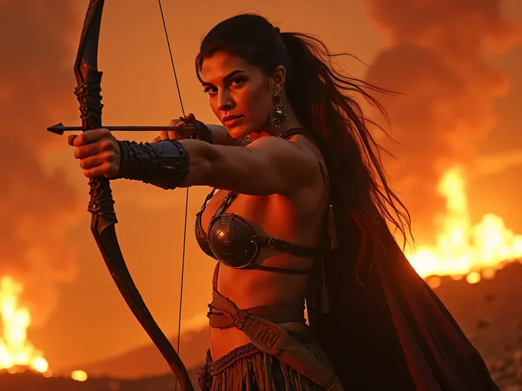 JacquelineFernandezFlux, Close up hyperrealistic cinematic shot of a Strong muscular Amazon warrior woman wearing skimpy breastplates, low-rise loincloth panelskirt, gauntlets, warrior-ornaments, fluttering cape, everything ragged, torn and shredded, battl...