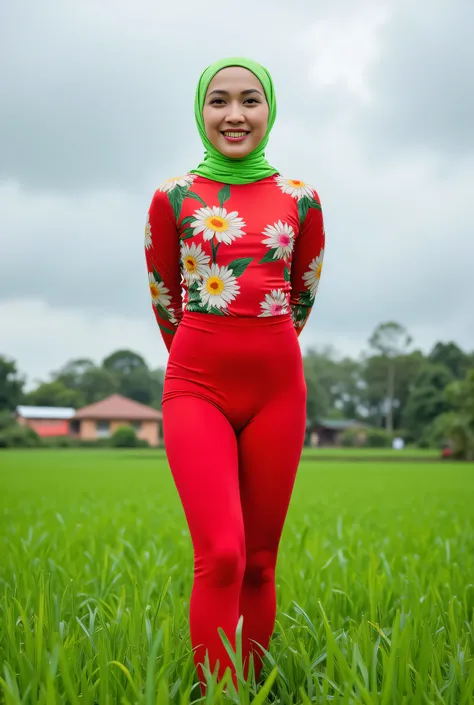 Just Front photo, (thin body) "Facial expression in Happy Orgasm", Wearing flora print hijab, (photorealistic:1.6) (Indonesian green Fluorescent hijab), (mini tiny tights Hotpants), background rice paddy. daytime atmosphere, flat chest!, hands behind back ...
