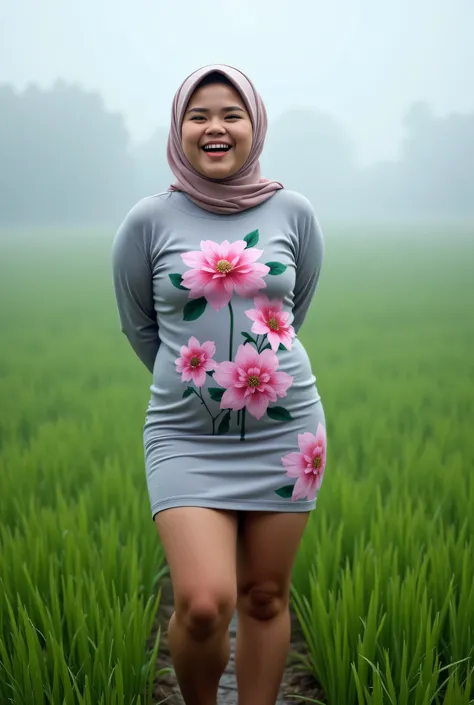 Just Front photo, Atmosphere Foggy, (Fat body) "Facial expression in Happy Orgasm", Wearing flora print hijab, (photorealistic:1.6) (mini tiny tights Hotpants), background rice paddy. daytime atmosphere, don't put any rope! flat chest!, duduk di atas kerus...