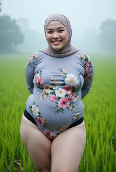 Just Front photo, Atmosphere Foggy, (Fat body) "Facial expression in Happy Orgasm", Wearing flora print hijab, (photorealistic:1.6) (mini tiny tights Hotpants), background rice paddy. daytime atmosphere, don't put any rope! flat chest!, duduk di atas kerus...