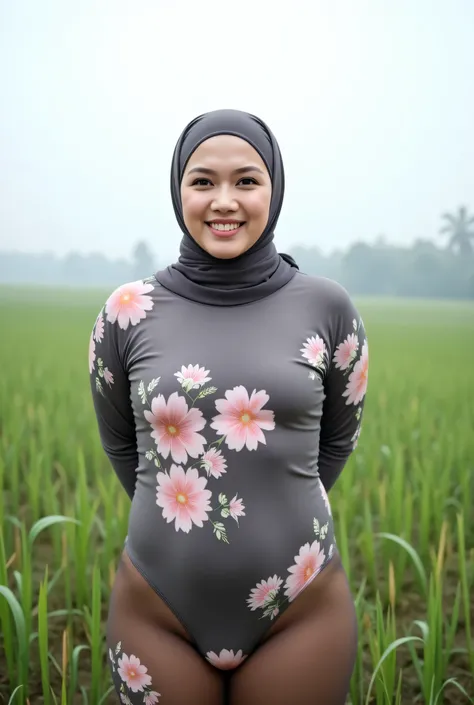 Just Front photo, Atmosphere Foggy, (Fat body) "Facial expression in Happy Orgasm", Wearing flora print hijab, (photorealistic:1.6) (mini tiny tights Hotpants), background rice paddy. daytime atmosphere, don't put any rope! flat chest!, duduk di atas kerus...