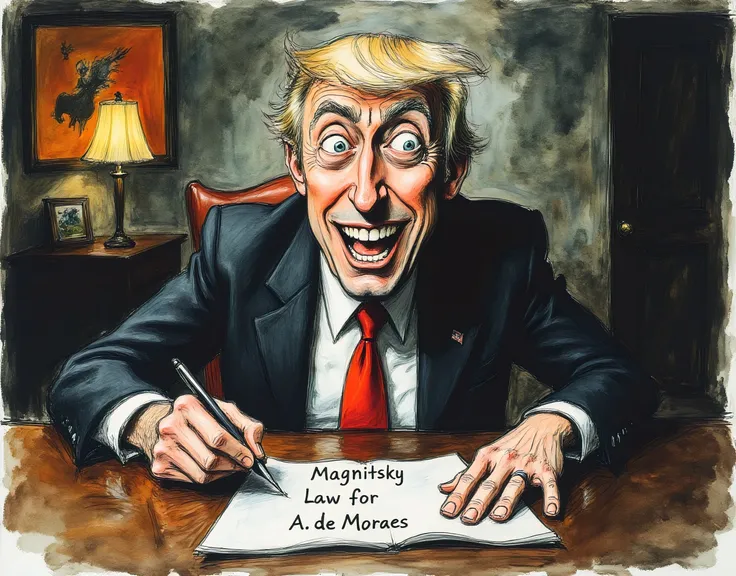 Donald Trump laughing a lot holding a pen with a paper on the table that reads "Magnitsky Law for A. de Moraes"