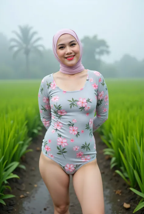 Femboy Just Front photo, Atmosphere Foggy, (Fat body) "Facial expression in Happy Orgasm", Wearing flora print hijab, (photorealistic:1.6) (mini tiny tights Hotpants), background rice paddy. daytime atmosphere, don't put any rope! flat chest!, duduk di ata...