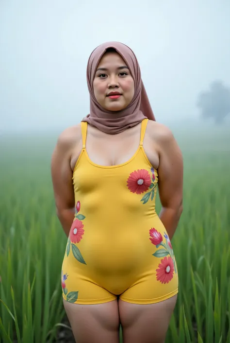 Femboy Just Front photo, Atmosphere Foggy, (Fat body) "Facial expression in Happy Orgasm", Wearing flora print hijab, (photorealistic:1.6) (mini tiny tights Hotpants), background rice paddy. daytime atmosphere, don't put any rope! flat chest!, duduk di ata...