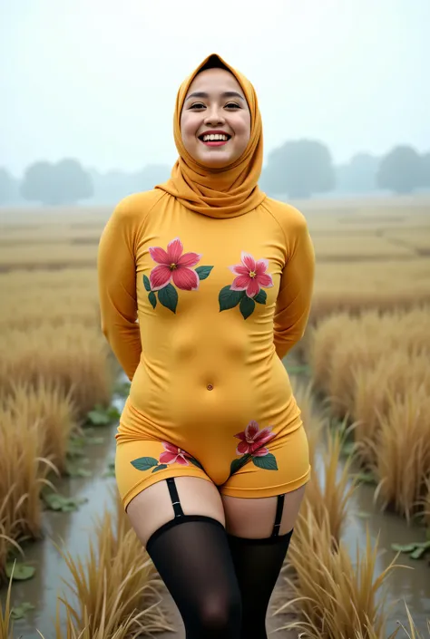 Femboy Just Front photo, Atmosphere Foggy, (Fat body) "Facial expression in Happy Orgasm", Wearing flora print hijab, (photorealistic:1.6) (mini tiny tights Hotpants), background rice paddy. daytime atmosphere, don't put any rope! flat chest!, duduk di ata...