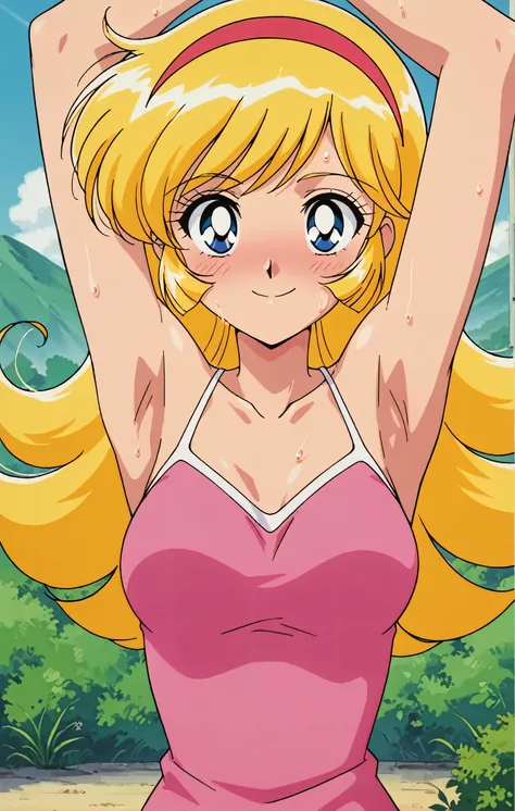 masterpiece, best quality, amazing quality, anime screencap, anime coloring, retro artstyle, 1990s (style), retro, retro artstyle, 1girl, solo, KisaragiHoney, blonde hair, long hair, blue eyes, medium breasts, hairband, pink tank top, spaghetti straps, ski...
