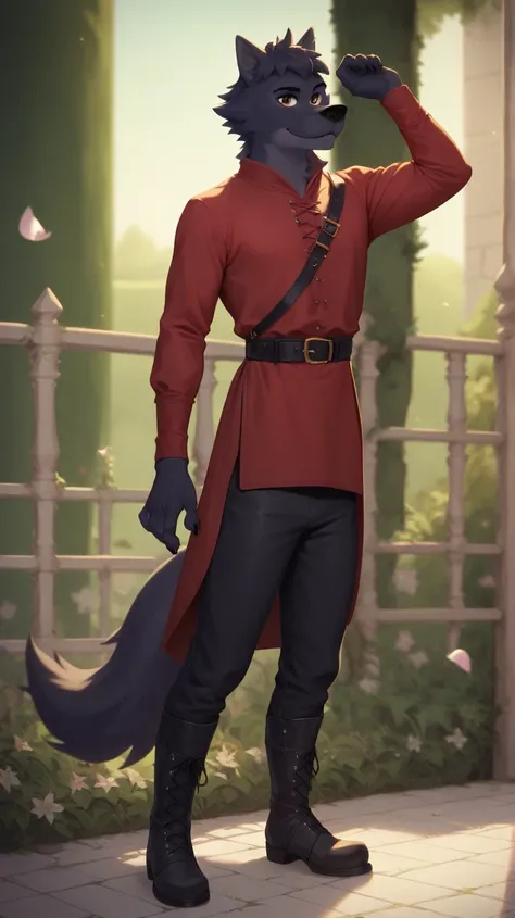 Lupin, black fur, wolf, male, brown eyes, red tunic, long sleeves, Black pants, black medieval boots, black belt,semi-anthro, solo