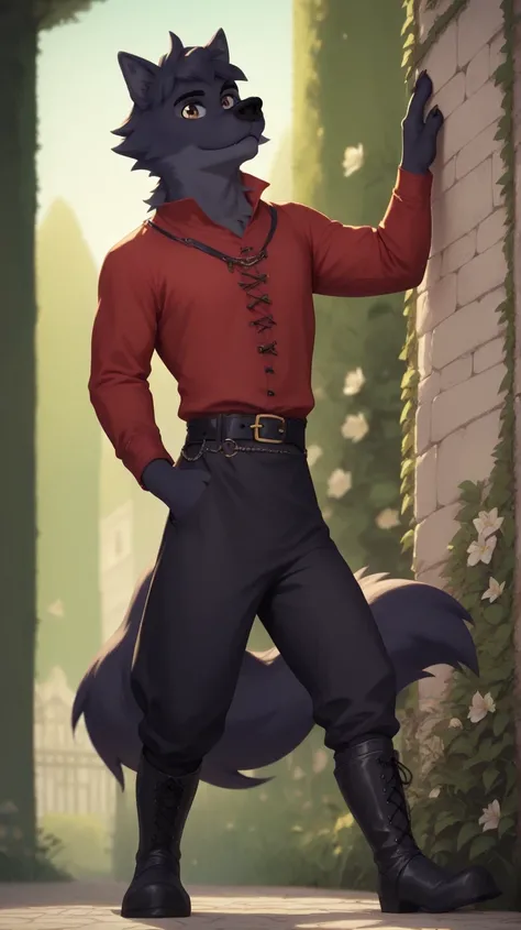 Lupin, black fur, wolf, male, brown eyes, red tunic, long sleeves, Black pants, black medieval boots, black belt,semi-anthro, solo