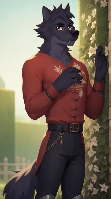 Lupin, black fur, wolf, male, brown eyes, red tunic, long sleeves, Black pants, black medieval boots, black belt,semi-anthro, solo