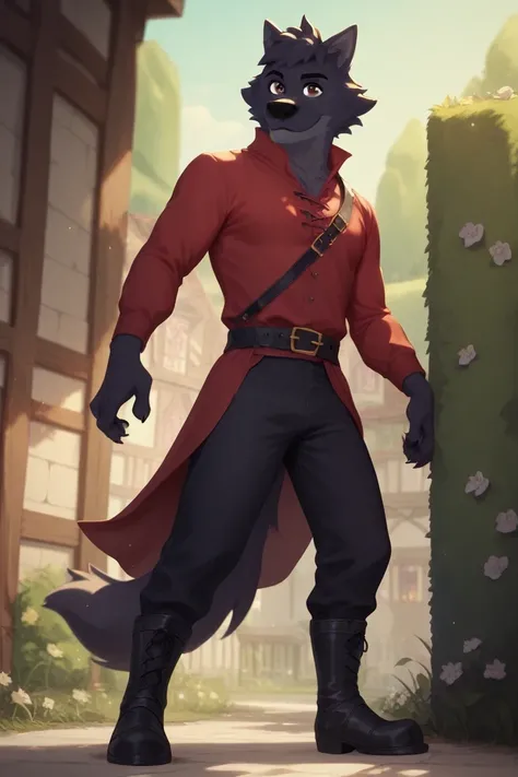 Lupin, black fur, wolf, male, brown eyes, red tunic, long sleeves, Black pants, black medieval boots, black belt,semi-anthro, solo