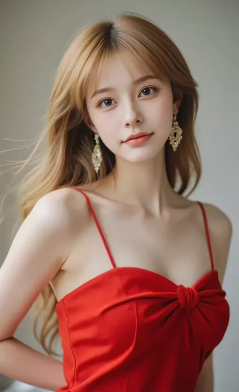 Une femme mince aux longs cheveux blond , Elle est vêtu d'une robe rouge et porte des boucles d’oreilles chic