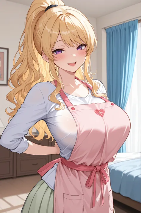 {{{masterpiece}}}, {{{best quality}}}, {{ultra-detailed}}, 1girl, (detailed skin texture), youthful face
, 1girl, yadatoka, blonde hair, high ponytail, side lock, wavy hair, purple eyes, large breast, beautiful breast, white dresses shirt, pink apron, taki...