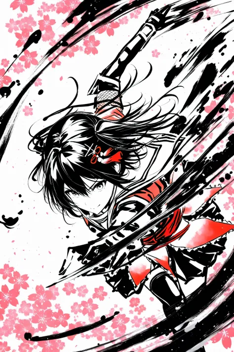 1girl,sendai kai ni(kancolle),cowboy shot,sumi-e and colored ink,rough sketch,dynamic pose,thick ink effect lines,cherry blossoms background, simple background, masterpiece,best quality, very aesthetic,absurdres,hyper-detailed,high-resolution,
