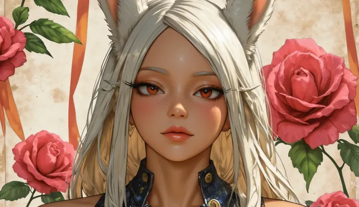 M1rko, long hair, animal ears, white hair, dark skin, rabbit ears, dark-skinned female, muscular, rabbit girl, muscular female, red eyes, parted bangs,#39;s realistic lithograph portrait of a woman, flower, [Gear], DIESEL PUNK, Multicolored ribbons, Old Pa...