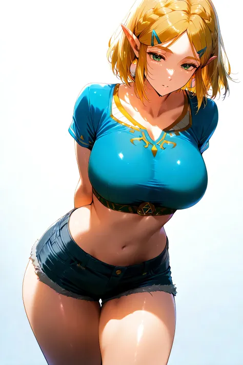 score_9, score_8_up, score_7_up, 1girl, Princess Zelda, cropped blue top, denim shorts, medium breast, wide hips, thighs, hands behind back, leaning forward, dynamic angle, simple background
