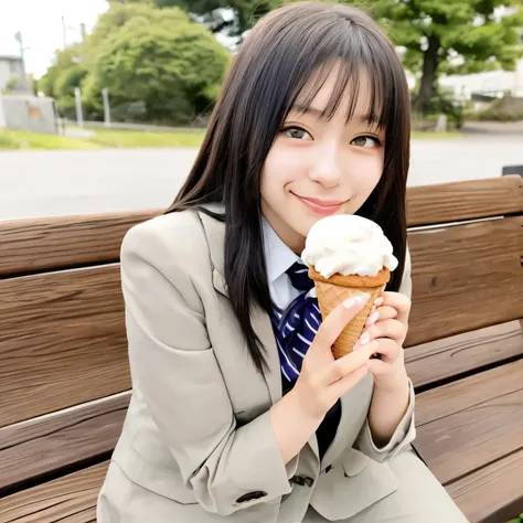 A cute anime-style high school girl wearing a neat Japanese blazer school uniform. She is sitting on a wooden park bench under the clear daytime sky. The girl is holding a rectangular ice cream bar with both hands, firmly yet delicately, and biting it gent...