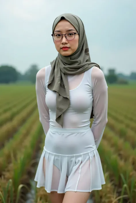 small, "Facial expression in silent", Wearing camouflage print hijab, (photorealistic:1.6) (Indonesian), background rice paddy. daytime atmosphere, don't put any rope! (Huge breasts:2.0)!, duduk di atas kerusi kaca, hands behind back while legs astride, Lo...