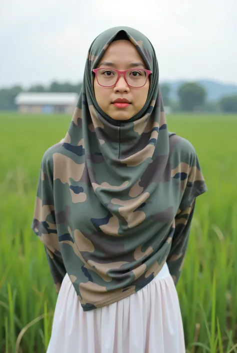 small, "Facial expression in silent", Wearing camouflage print hijab, (photorealistic:1.6) (Indonesian), background rice paddy. daytime atmosphere, don't put any rope! (Huge breasts:2.0)!, duduk di atas kerusi kaca, hands behind back while legs astride, Lo...