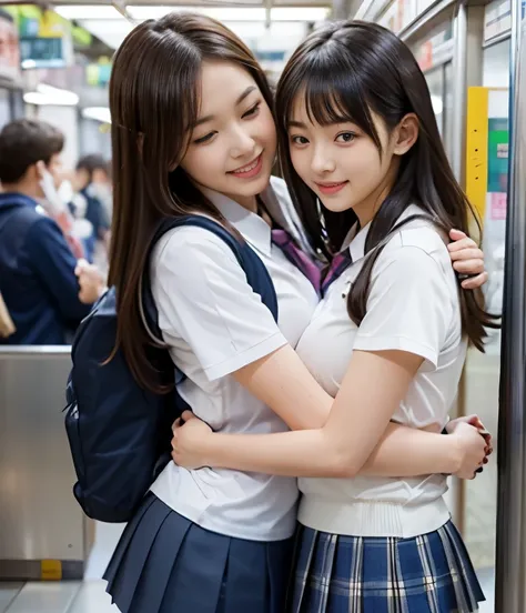     2 cute high school girls    、(  High School Girl Uniform)、Full body photo撮影、(2 cute high school girls hugging back on the train:1.6、(breasts in young clothes))、(Bian、homosexuality)、( hugging from behind:1.4)、 joy 、ecstasy、Full body photo、In a high scho...