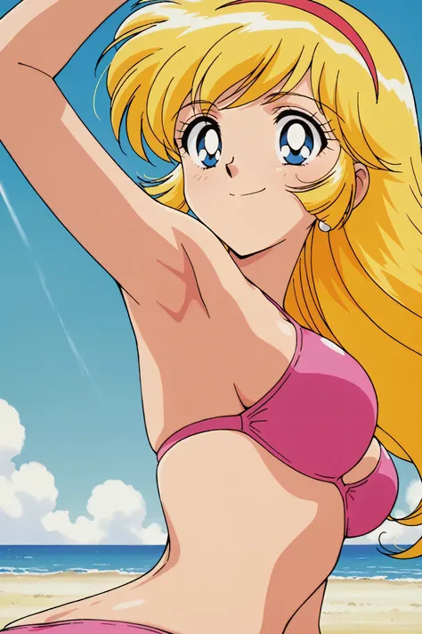 masterpiece, best quality, amazing quality, anime screencap, anime coloring, retro artstyle, 1990s (style), retro, retro artstyle, 1girl, solo, KisaragiHoney, blonde hair, long hair, blue eyes, medium breasts, hairband, light pink bikini, skindentation, ar...