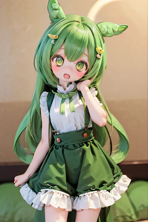 cute green-haired zundamon in playful pose, Elaborate character design , Delicate Details , surreal , photorealistic , 8k, masterpiece , is high resolution, bright color...