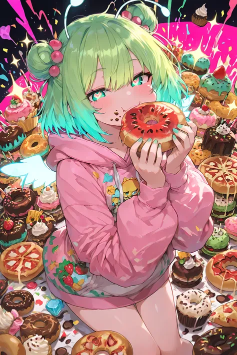 wide-angle view, anime style, chaotic scene of a gluttonous caterpillar girl rampaging through a dreamlike buffet world, cute girl with segmented green hair and antennae, oversized hoodie patterned with leaves and fruit slices, puffy cheeks mid-bite, holdi...