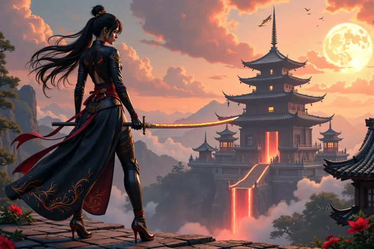 zavy-ctcmcs,hyp3rd3tail style, Celestial Fantasy, a picture of a female ninja warrior princess holding a katana, on a roof top ,  watching fantasy medieval Japanese temple (intense details, Masterpiece, best quality), elegant, glam, fantasy black ninja clo...