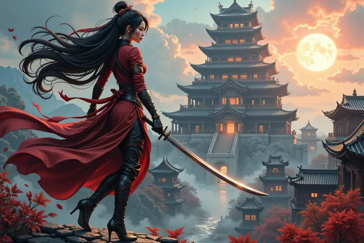 zavy-ctcmcs,hyp3rd3tail style, Celestial Fantasy, a picture of a female ninja warrior princess holding a katana, on a roof top ,  watching fantasy medieval Japanese temple (intense details, Masterpiece, best quality), elegant, glam, fantasy black ninja clo...