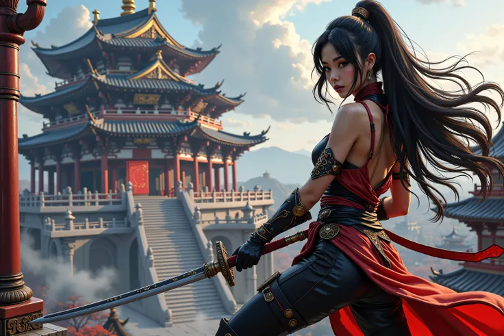 zavy-ctcmcs,hyp3rd3tail style, Celestial Fantasy, a picture of a female ninja warrior princess holding a katana, on a roof top ,  watching fantasy medieval Japanese temple (intense details, Masterpiece, best quality), elegant, glam, fantasy black ninja clo...