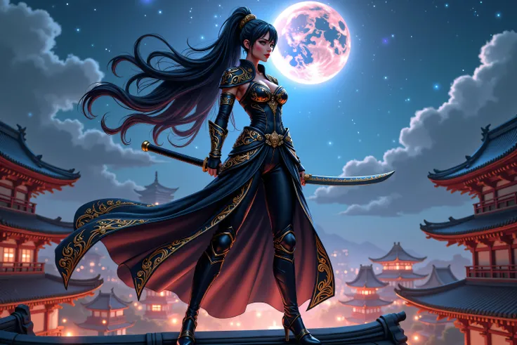 zavy-ctcmcs,hyp3rd3tail style, Celestial Fantasy, a picture of a female ninja warrior princess holding a katana, at night, on a roof top ,  watching fantasy medieval Japanese temple (intense details, Masterpiece, best quality), elegant, glam, fantasy black...