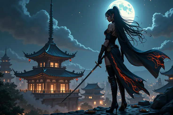 zavy-ctcmcs,hyp3rd3tail style, Celestial Fantasy, a picture of a female ninja warrior holding a katana, at night, on a roof top ,  watching fantasy medieval Japanese temple (intense details, Masterpiece, best quality), elegant, glam, fantasy black ninja cl...