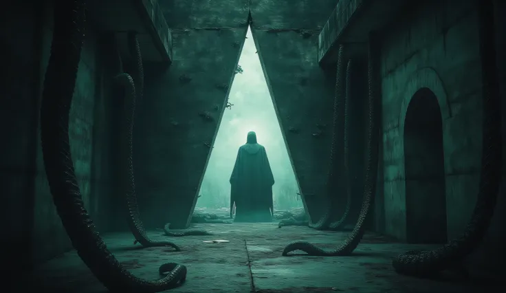 A black concrete wall with a large white triangle imprinted on it deep underground, the triangle in a doorway into another dimension, many tentacles from an unknown beast are coming out of the triangle, dark surreal, Lovecraftian horror, high detail, maste...