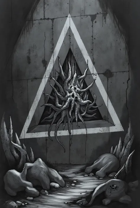 A black concrete wall with a large white triangle imprinted on it deep underground, the triangle in a doorway into another dimension, many tentacles from an unknown beast are coming out of the triangle, dark surreal, p116 desolate world, Lovecraftian horro...