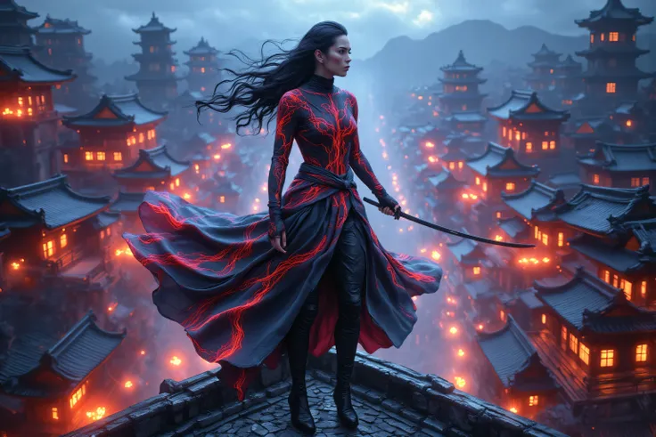zavy-ctcmcs,hyp3rd3tail style,midjourney , a picture of a female ninja warrior holding a katana, at night, on a roof top, watching fantasy medieval Japanese temple (intense details, Masterpiece, best quality), elegant, glam, fantasy black ninja clothes wi...