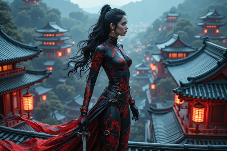 zavy-ctcmcs,hyp3rd3tail style,midjourney , a picture of a female ninja warrior holding a katana, at night, on a roof top,  watching fantasy medieval Japanese temple (intense details, Masterpiece, best quality), elegant, glam, fantasy black ninja clothes wi...