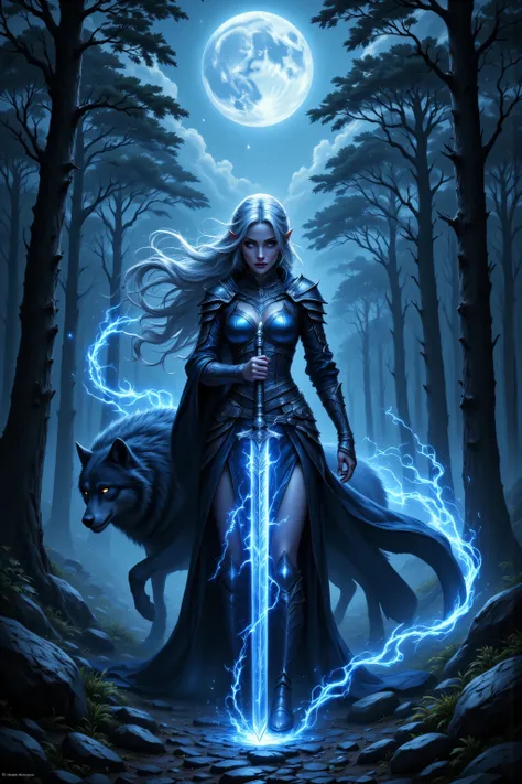 midjourney ,picture of an epic female elf arcane warrior and an epic wolf, warrior of magic , fighter of the arcana, full body, casting a spell, armed with an epic magical sword, glowing in blue light. in dark forest, a female beautiful drow wearing lea...