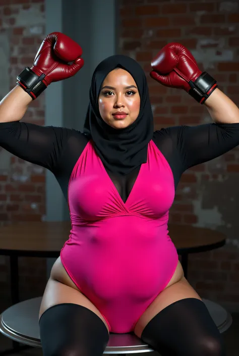 (angry face expression:1.5), (The stitching is very neat), very Wearing Hijab perfectly ,  wearing Scoop Neck Sleeveless bright pink Bodysuits G-String Thongs sinlet swimsuit , (KEDUA BELAH TANGAN DI ANGKAT LURUS KE ARAH ATAS SAMBIL MEMAKAI BOXING GLOVES) ...