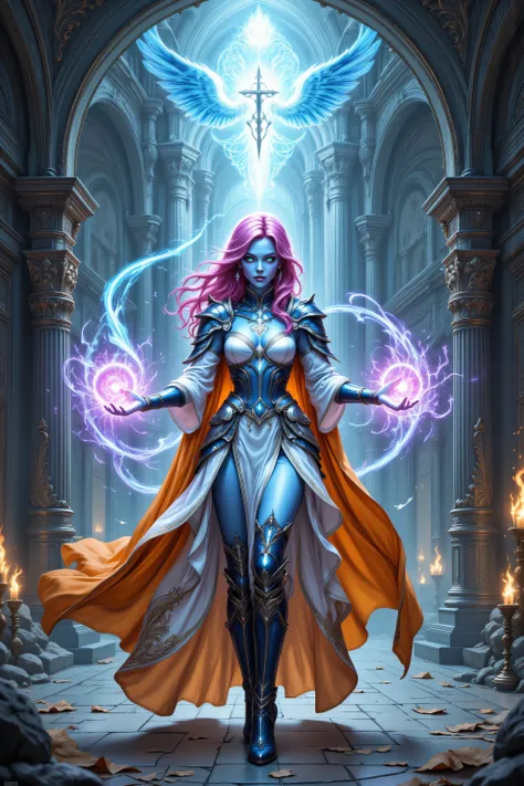 midjourney ,hyp3rd3tail style,w1n,zavy-ctcmcs,fantasy portrait art, dnd art, portrait a female, ((blue skin)), intense details facial details, exquisite beauty, cleric, (blue skinned) female, (pink hair), long hair, ((no ears)), (green eyes), casting yell...