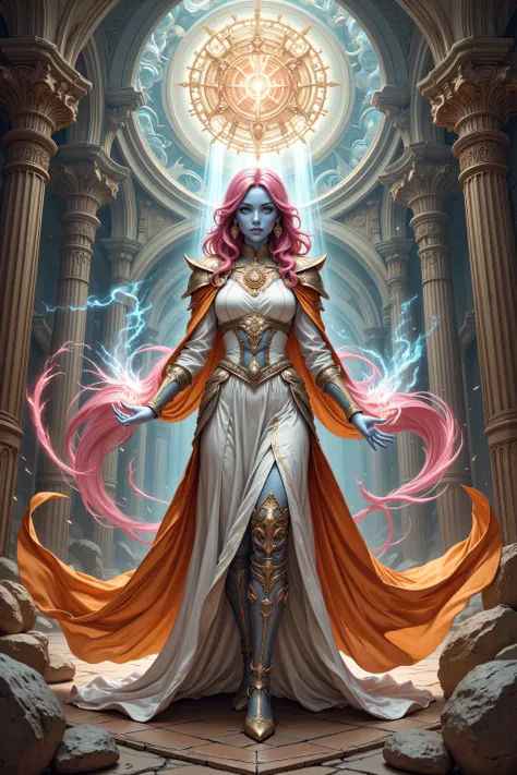 midjourney ,hyp3rd3tail style,w1n,zavy-ctcmcs,fantasy portrait  art, dnd art, portrait a female, ((blue skin)), intense details facial details, exquisite beauty, cleric, (blue skinned) female, (pink hair), long hair, ((no ears)), (green eyes), casting yell...