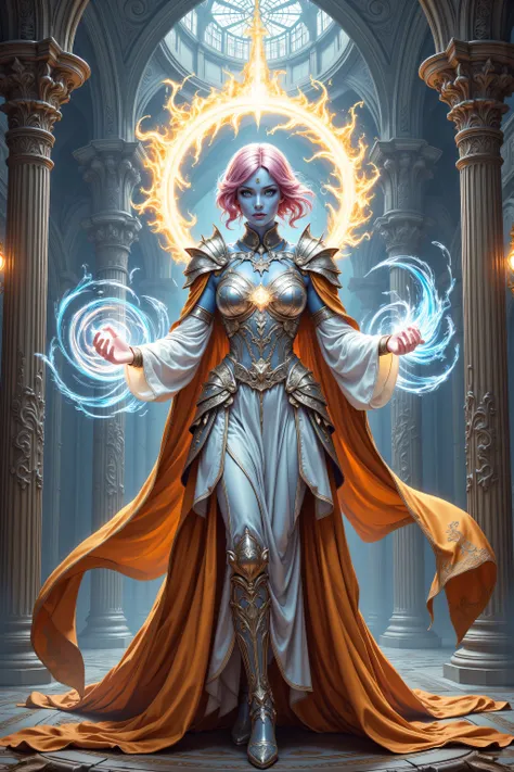 midjourney ,hyp3rd3tail style,w1n,zavy-ctcmcs,fantasy portrait art, dnd art, portrait a female, ((blue skin)), intense details facial details, exquisite beauty, cleric, (blue skinned) female, (pink hair), long hair, ((no ears)), (green eyes), casting yell...