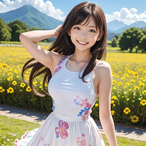 (masterpiece,best quality: 1.4),(8k,raw photo,photo realistic:1.2),shiny skin, detailed skin,detailed face,detailed eyes,Japanese idol,beautiful face,A wide meadow filled with colorful and diverse flowers, stretching into the distance. Beautiful mountain r...